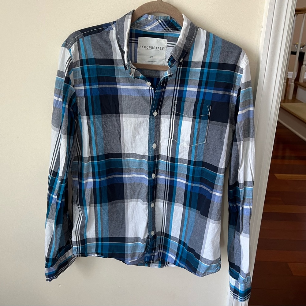 Men’s Blue, Black, and White Aéropostale Button Up Flannel Long Sleeve Shirt